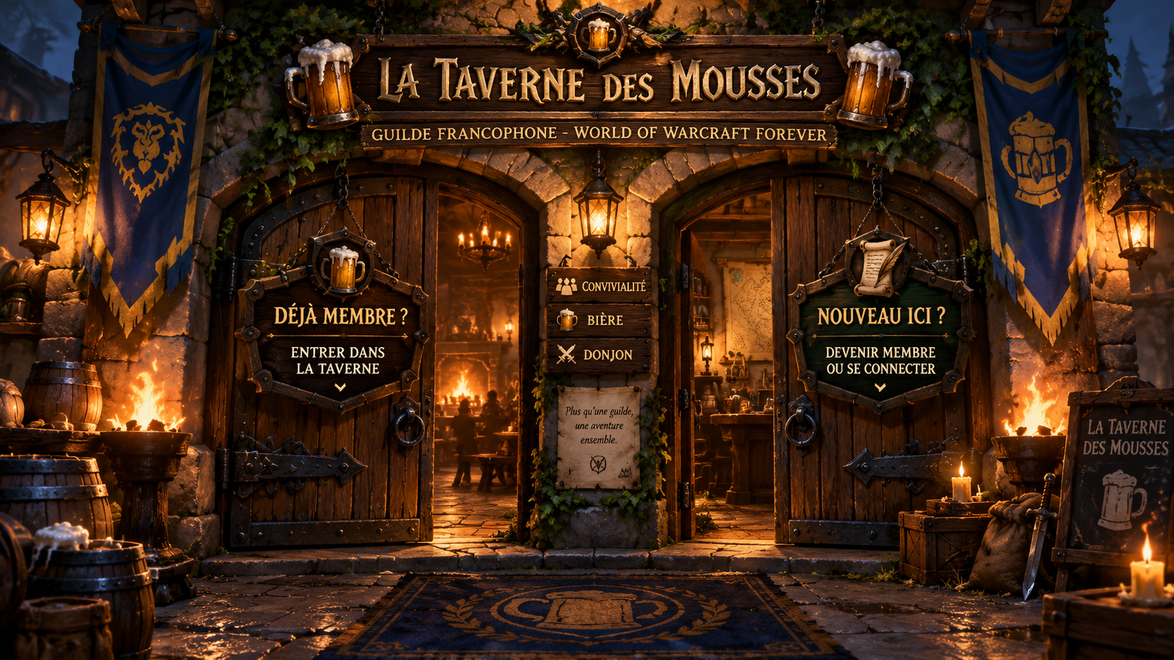 Façade de taverne fantastique, deux portes éclairées par des lanternes : accès membre à gauche et nouvel aventurier à droite