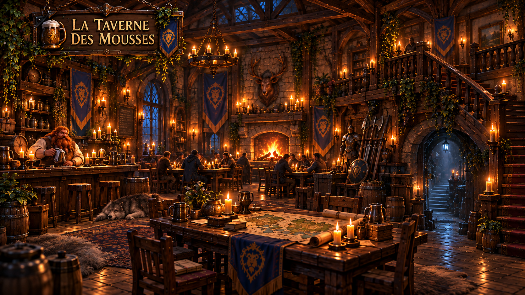 Grande salle de la Taverne des Mousses, tavernier, aventuriers, carte, armurerie, escalier et passage vers la cave